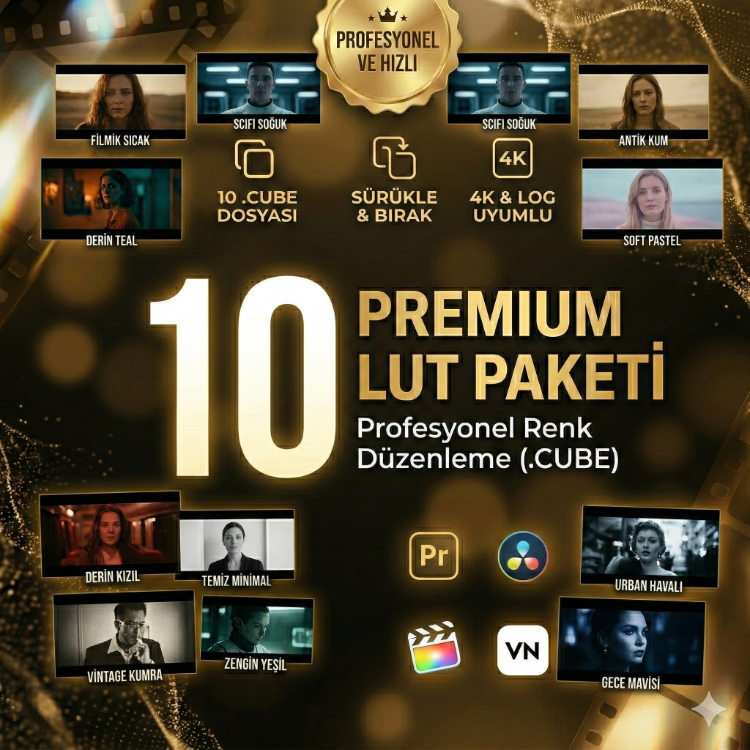 10 Premium Sinematik LUT Paketi | Profesyonel Renk Düzenleme (.CUBE)
