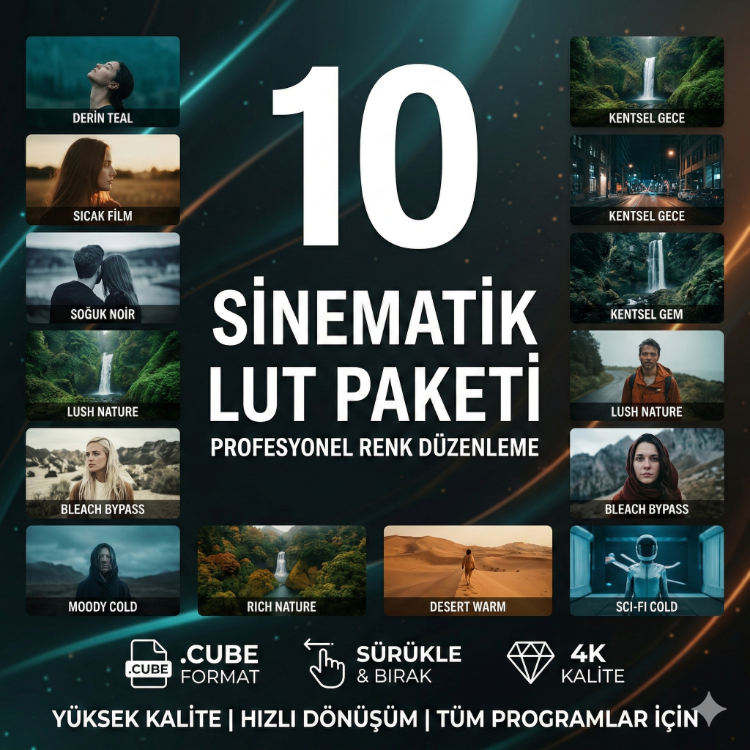 Sinematik 10 LUT Paketi | Profesyonel Renk Düzenleme (.CUBE)