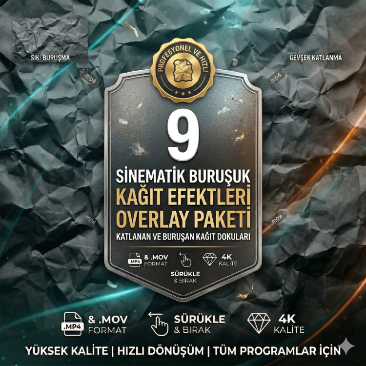 Crumpled Paper 9'lu Overlay Paketi | Sinematik Buruşuk Kağıt Efektleri (4K)