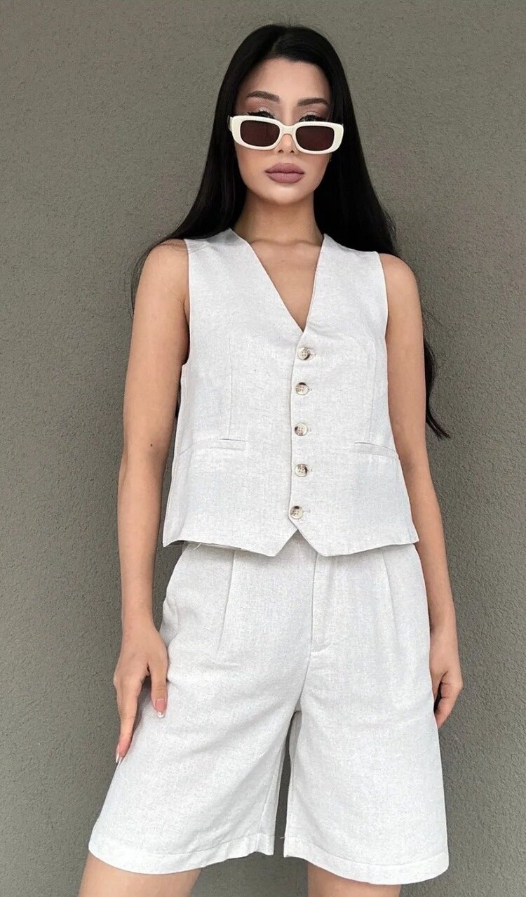 Zara Model Keten Yelek-Şort Takım