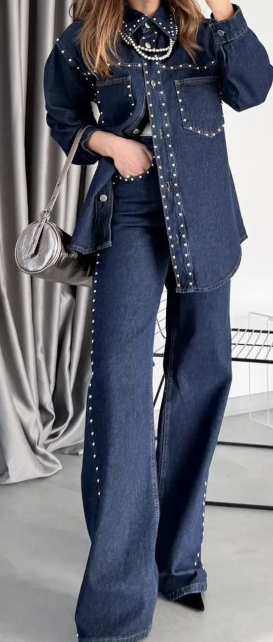 Taşlı Denim Takım