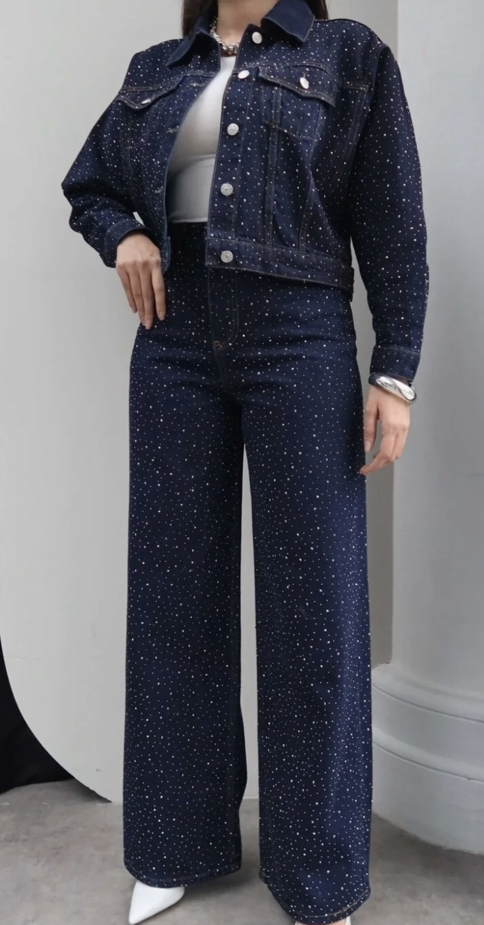 Taş Baskılı Denim İkili Takım