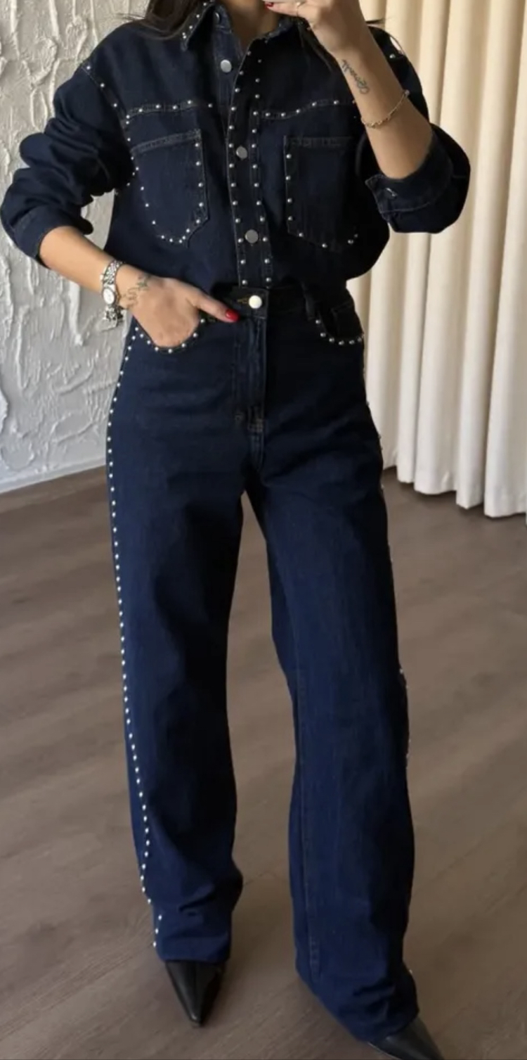 Taşlı Denim Takım