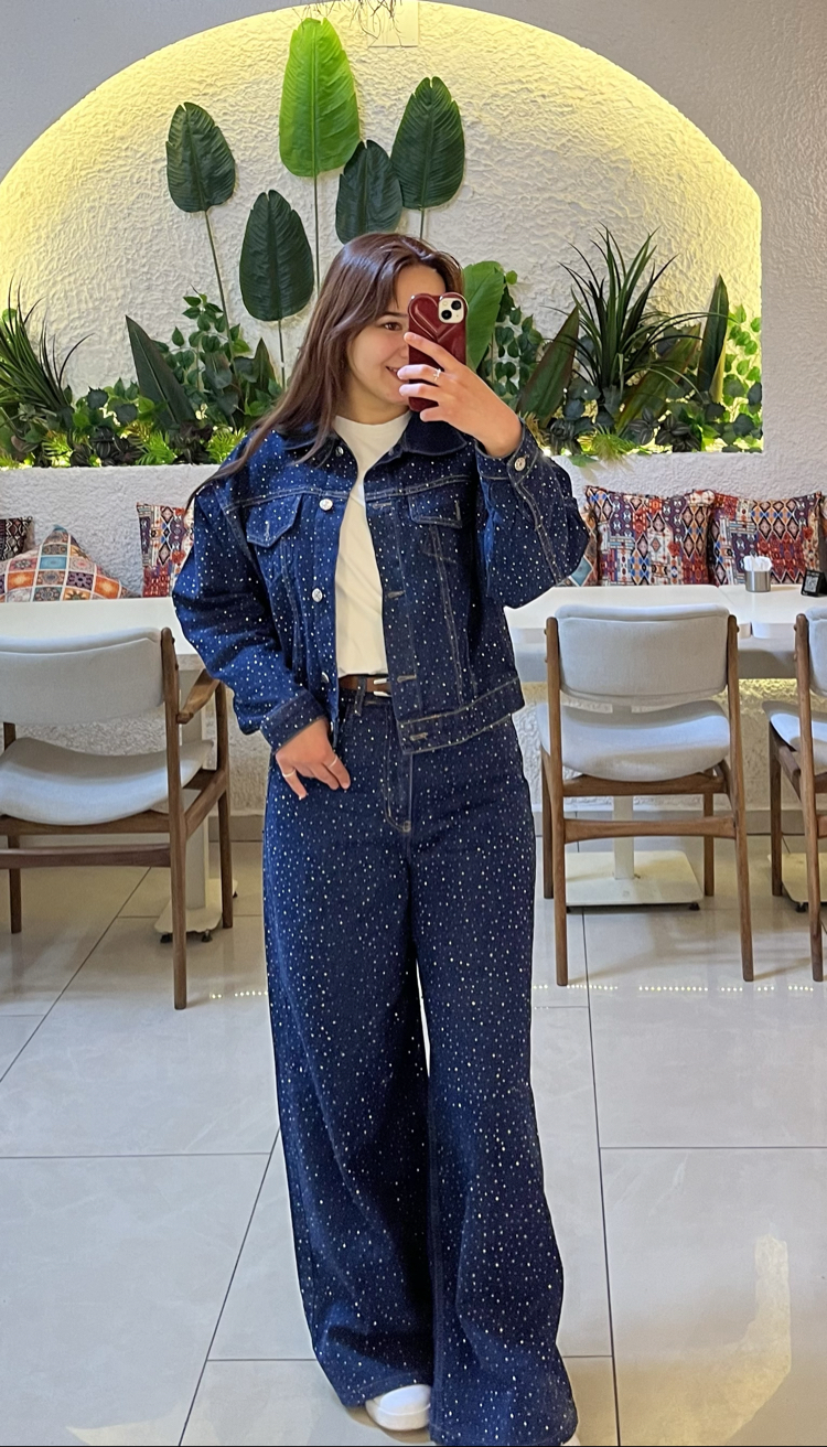 Taş Baskılı Denim İkili Takım