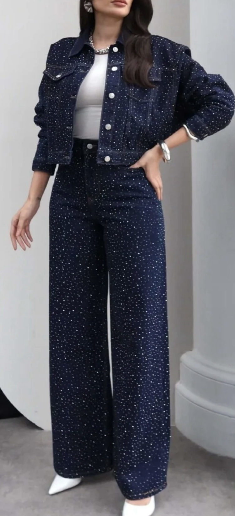 Taş Baskılı Denim İkili Takım