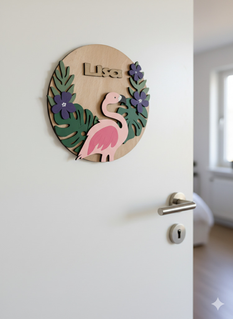 Özel İsimli Ahşap Bebek Kapı Süsü - 30 cm Flamingo ve Tropikal Çiçek Temalı El Boyaması
