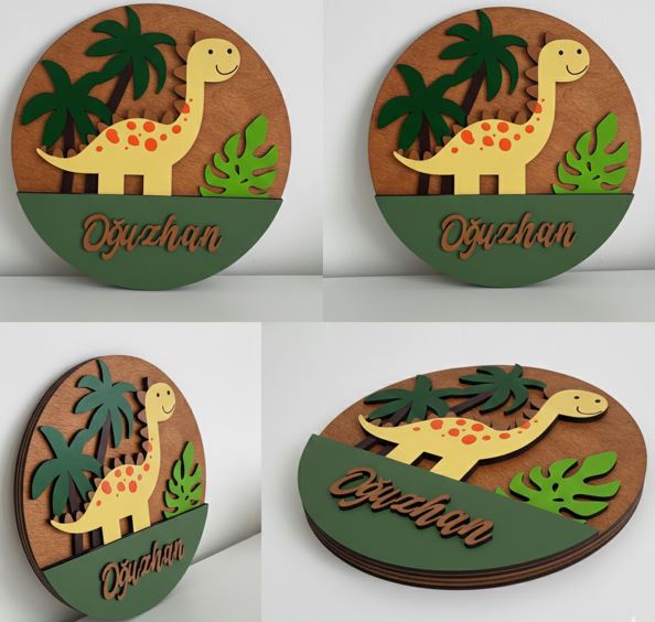Özel İsimli Ahşap Bebek Kapı Süsü - 30 cm Dinozor ve Orman Temalı El Boyaması