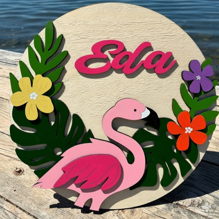 Özel İsimli Ahşap Bebek Kapı Süsü - 30 cm Flamingo ve Tropikal Çiçek Temalı El Boyaması