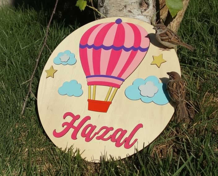 Özel İsimli Ahşap Bebek Kapı Süsü - 30 cm Sıcak Hava Balonu Temalı El Boyaması