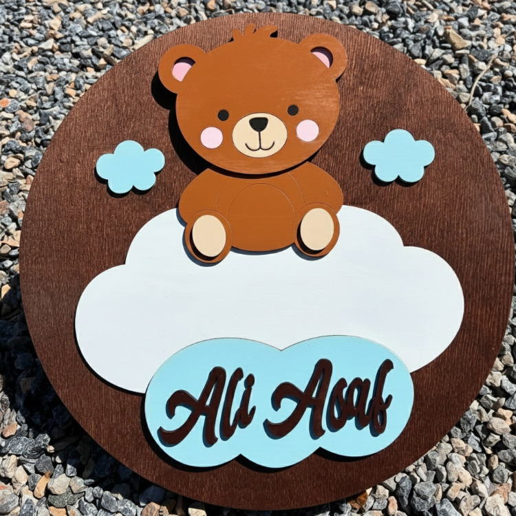 Çift İsimli Ahşap Bebek Kapı Süsü - 30 cm Sevimli Ayıcık Temalı El Boyaması