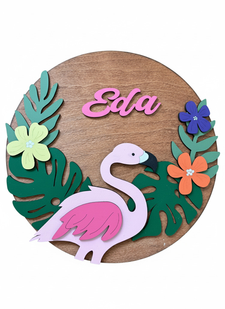 Özel İsimli Ahşap Bebek Kapı Süsü - 30 cm Flamingo ve Tropikal Çiçek Temalı El Boyaması
