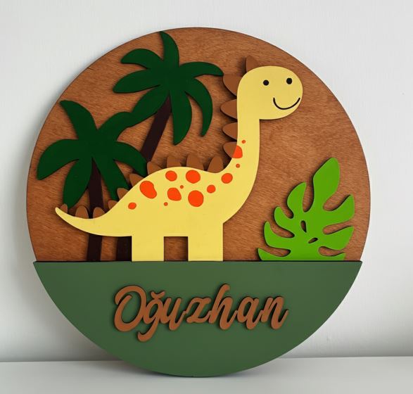Özel İsimli Ahşap Bebek Kapı Süsü - 30 cm Dinozor ve Orman Temalı El Boyaması