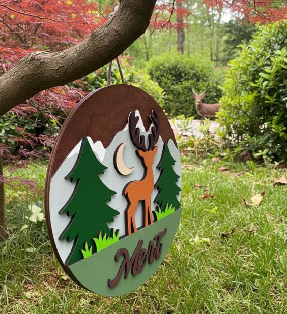 Özel İsimli Ahşap Bebek Kapı Süsü - 30 cm Dağcı Geyik Temalı El Boyaması