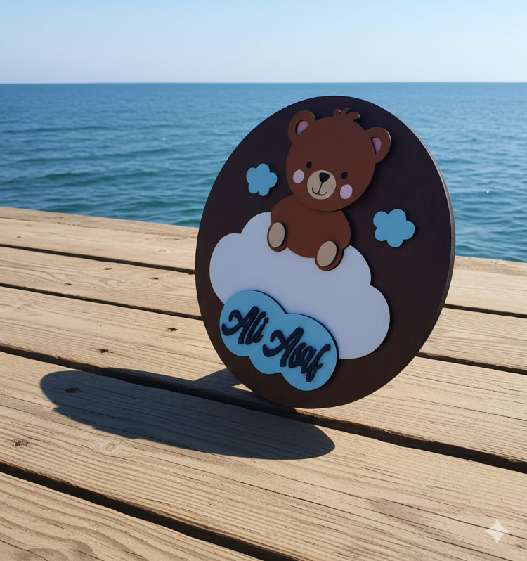 Çift İsimli Ahşap Bebek Kapı Süsü - 30 cm Sevimli Ayıcık Temalı El Boyaması