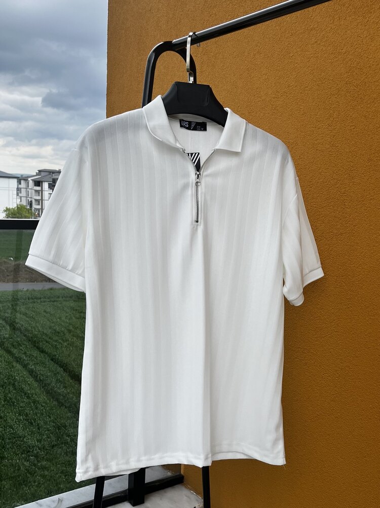 Polo Yaka Fermuarlı Beyaz