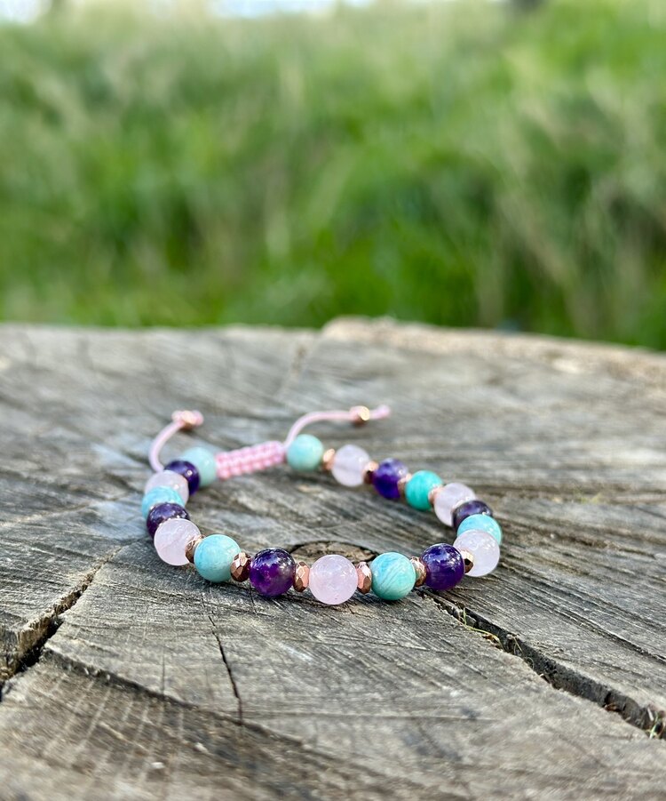 6 mm Pembe kuvars Ametist ve Amazonit Taşı Bileklik