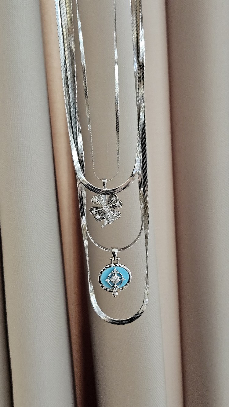 Dörtlü Mavi Taşlı Silver Kombin Kolye
