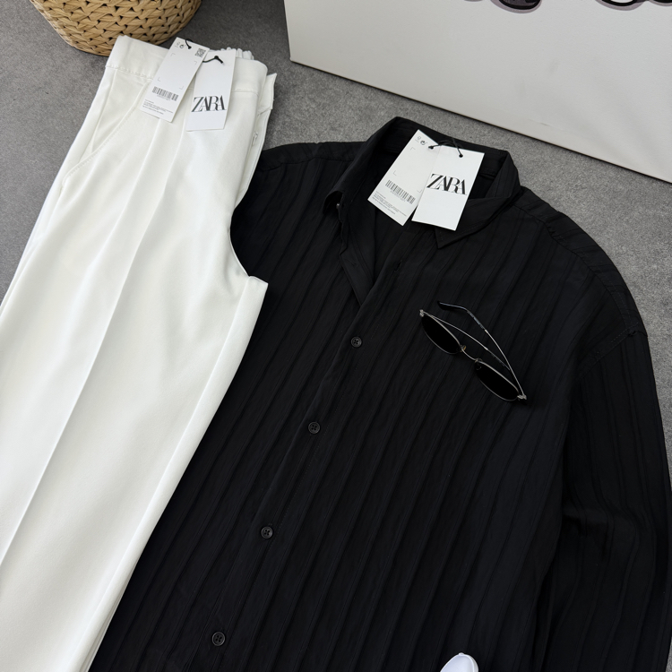 Zara Baggy Pantolon | Oversize Gömlek Kombin (Siyah/Fildişi)