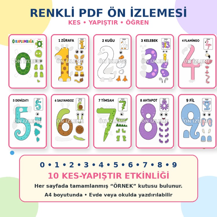 Kes-Yapıştır 2 | Sayıları Öğreniyorum | Renkli + Boyama PDF Paketi