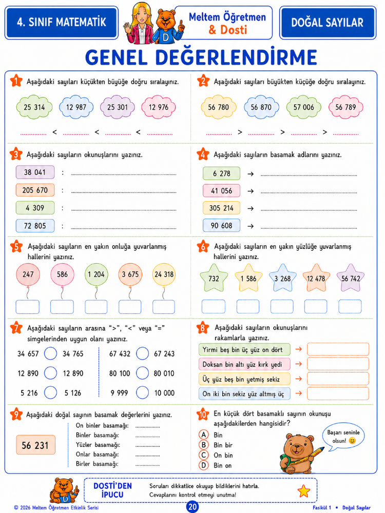 Dosti’nin Matematik Macerası | 4. Sınıf Matematik Fasikül 1 | Doğal Sayılar | Dijital PDF