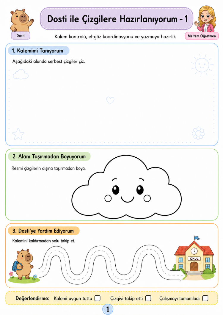1. Sınıf Çizgi Çalışmaları – PDF Etkinlik Seti
