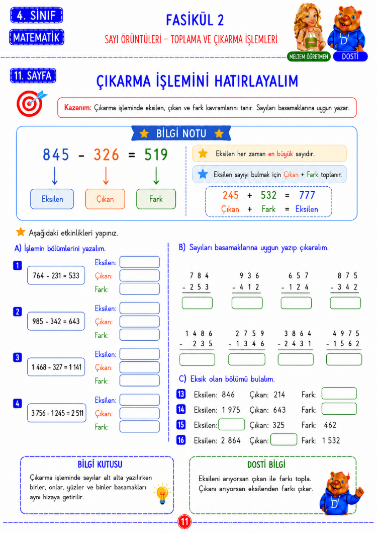 4. Sınıf Matematik Fasikül 2 | Örüntüler – Toplama ve Çıkarma İşlemleri