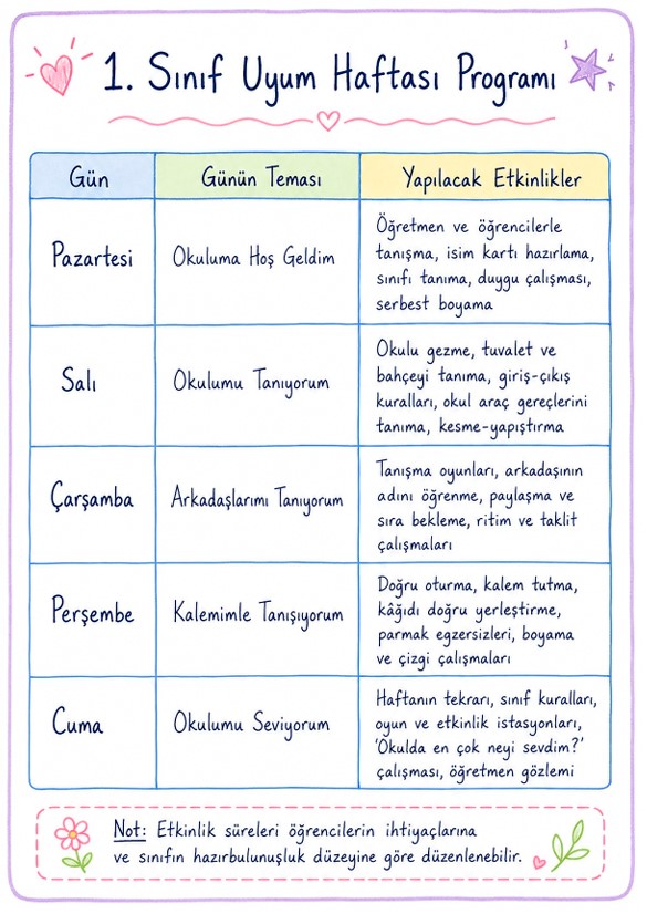 1. Sınıf Uyum Haftası Programı ve Etkinlikleri