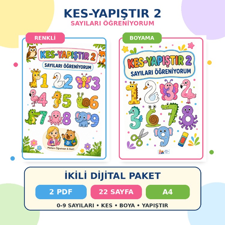 Kes-Yapıştır 2 | Sayıları Öğreniyorum | Renkli + Boyama PDF Paketi