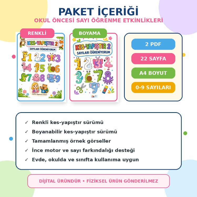 Kes-Yapıştır 2 | Sayıları Öğreniyorum | Renkli + Boyama PDF Paketi