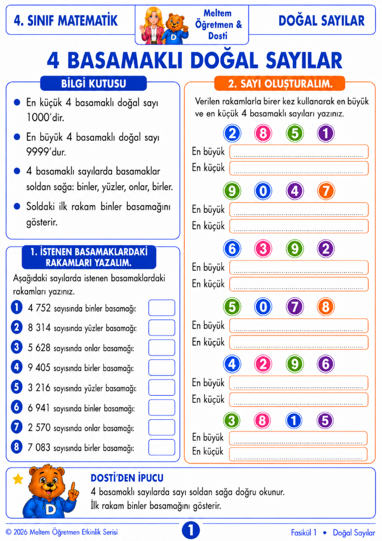 Dosti’nin Matematik Macerası | 4. Sınıf Matematik Fasikül 1 | Doğal Sayılar | Dijital PDF