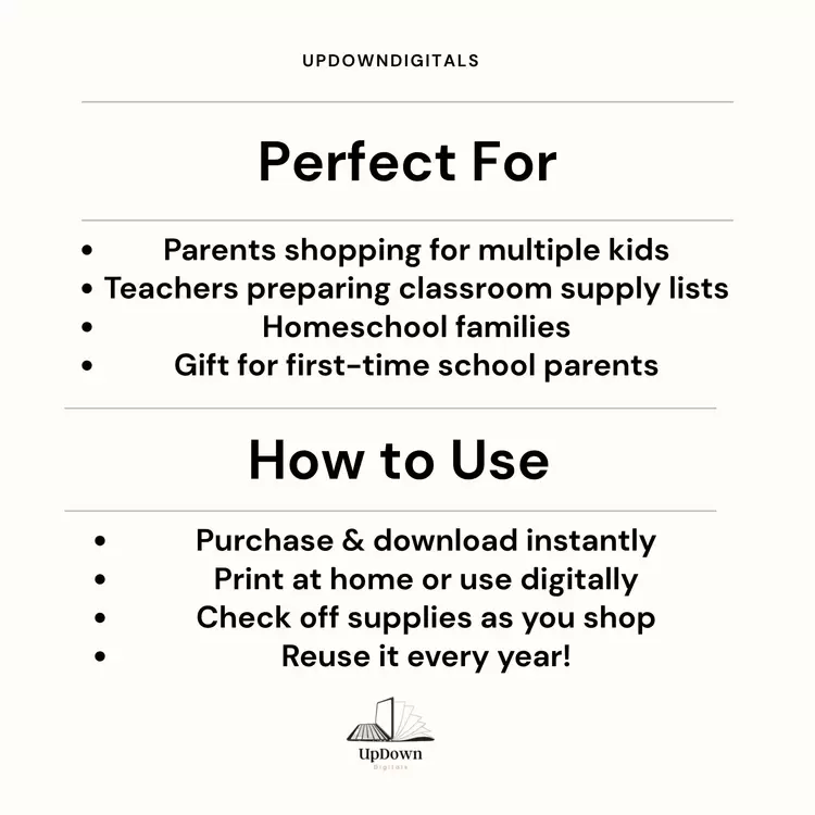School Shopping List PDF – Back to School Checklist for Kids, Printable Student Supply Planner