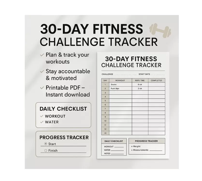 30-Day Fitness Challenge Tracker PDF – Workout Planner for Health Goals, Printable Exercise Log
