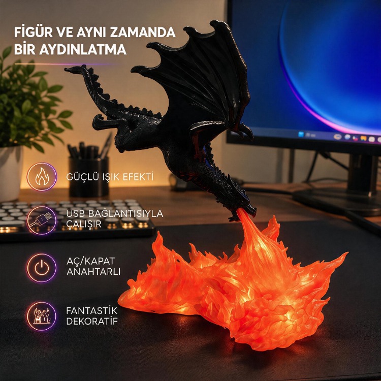 Vhagar 3D Ejder, Elektronik Aydınlatma ( XL 40 cm Büyük Boy)