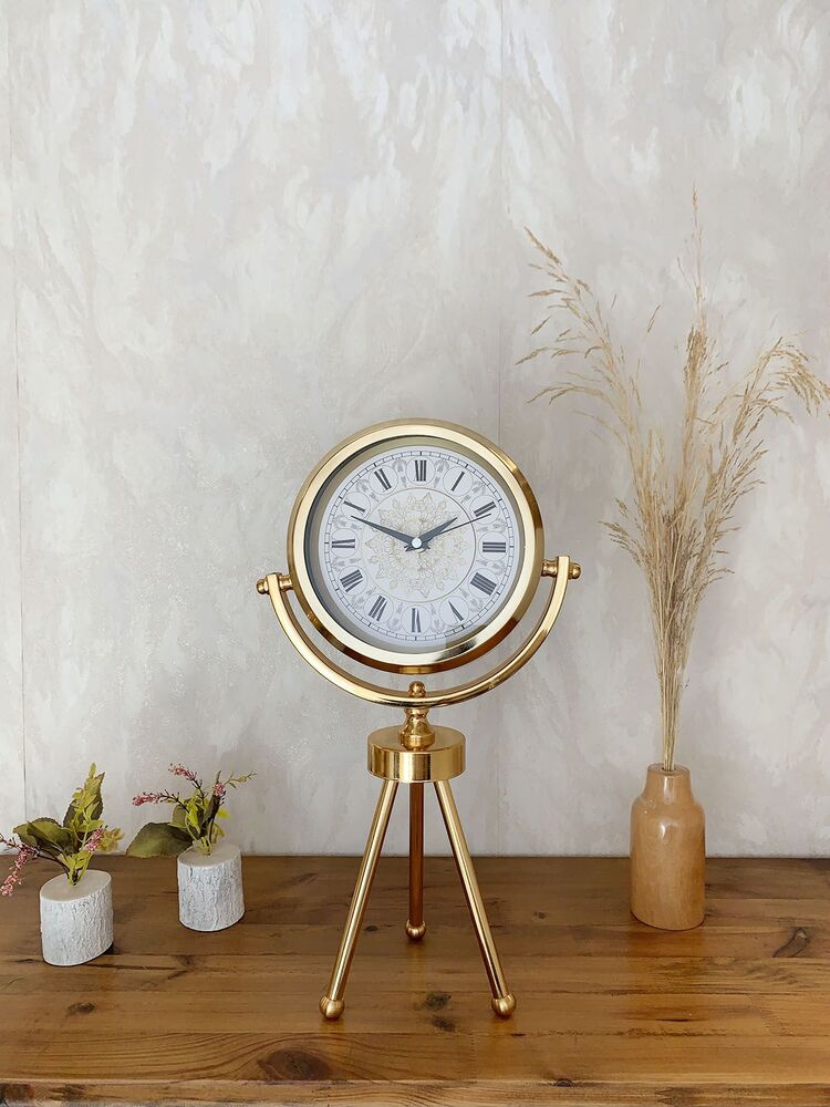 Gold Metal Mini Tripod Çini Desenli Roma Rakamı Masa Saati 45×26 cm