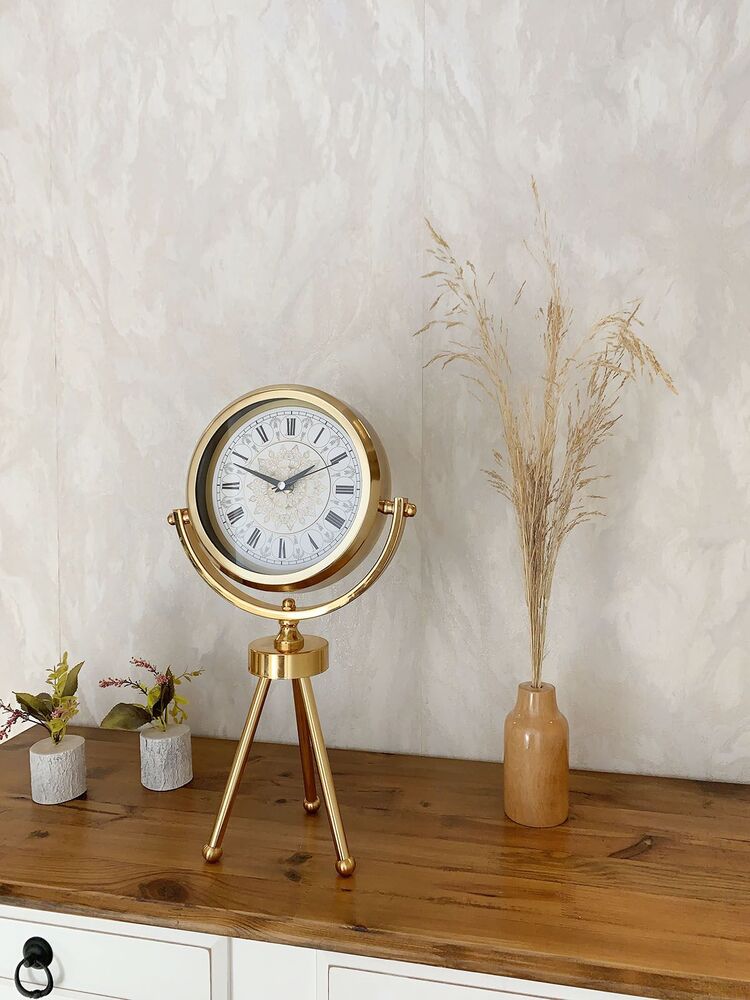 Gold Metal Mini Tripod Çini Desenli Roma Rakamı Masa Saati 45×26 cm