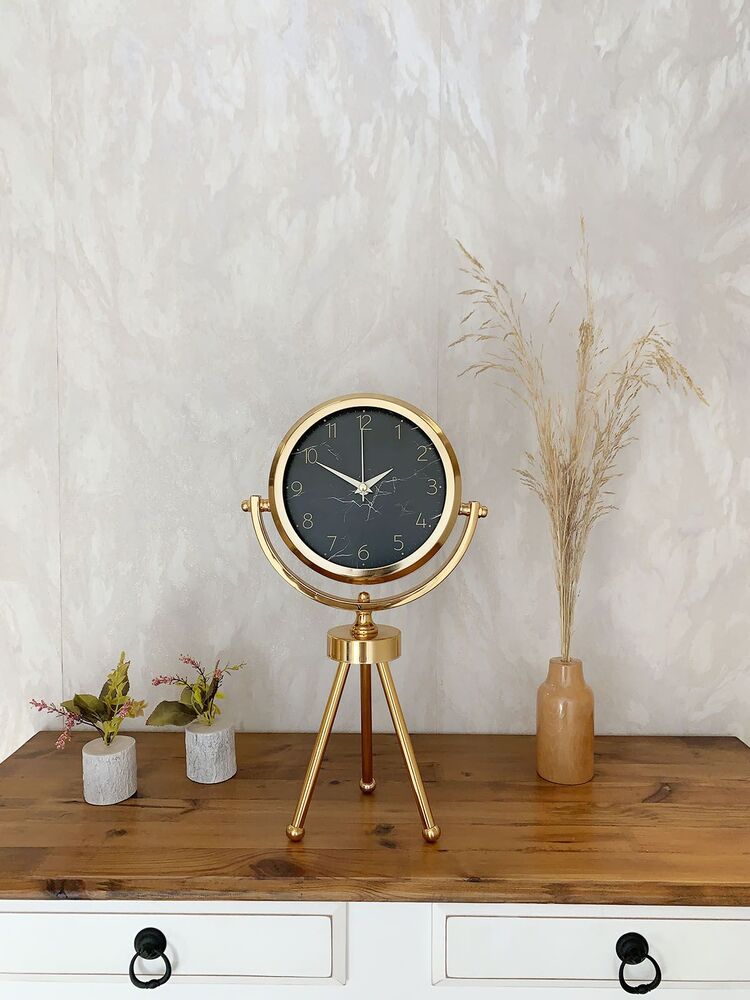 Gold Metal Mini Tripod Mermer İlhamı Masa Saati 45×26 cm