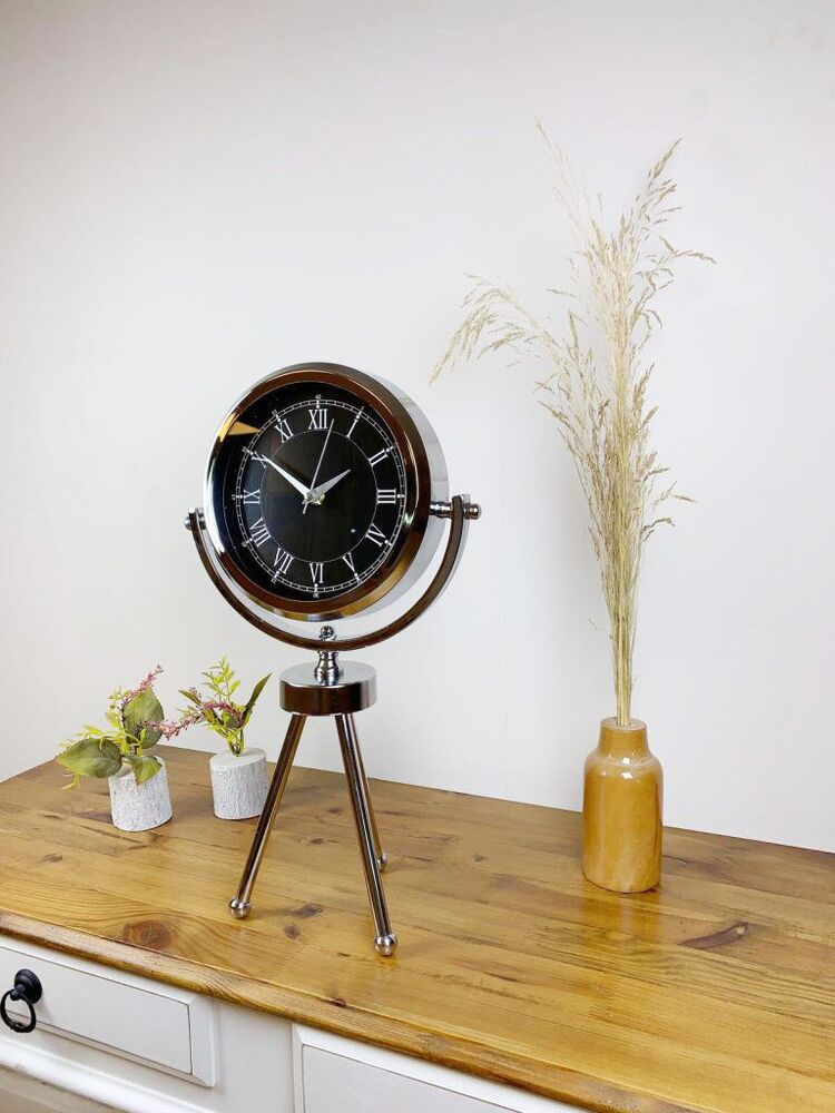 Krom Metal Mini Tripod Siyah Retro Masa Saati 45×26 cm