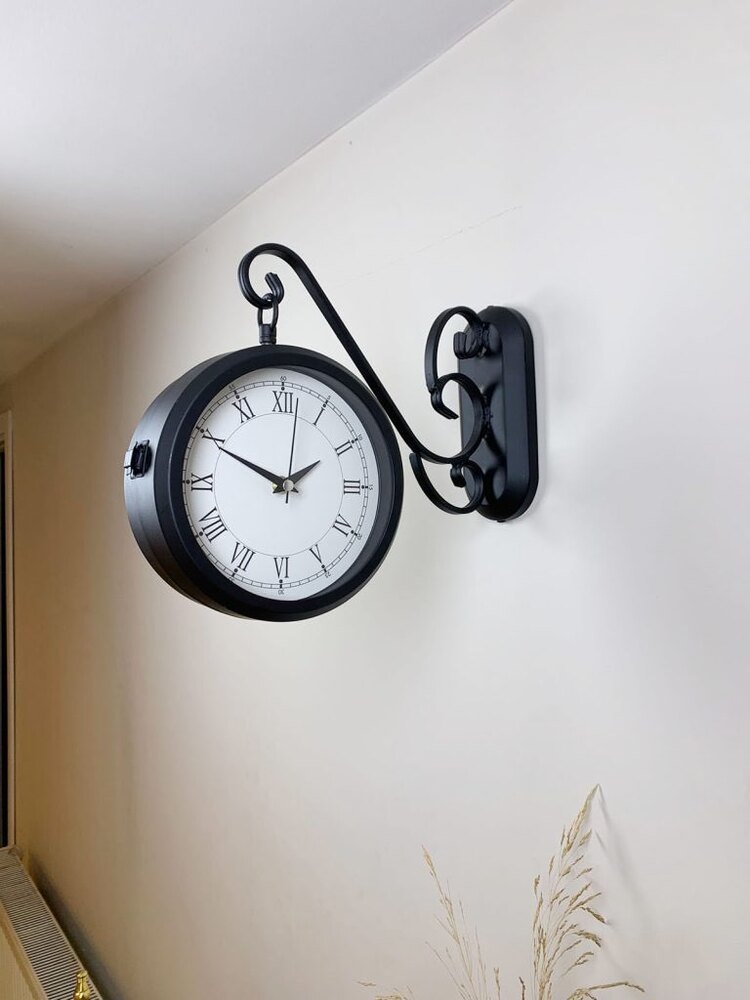 Siyah Metal Retro Çift Taraflı İstasyon Saati 36×25 cm
