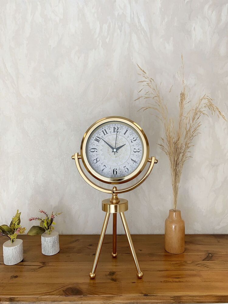 Gold Metal Mini Tripod Çini Desen Masa Saati 45×26 cm