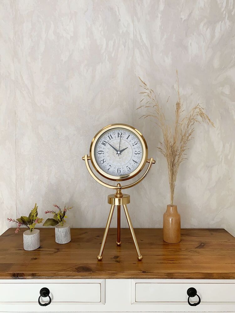 Gold Metal Mini Tripod Çini Desen Masa Saati 45×26 cm