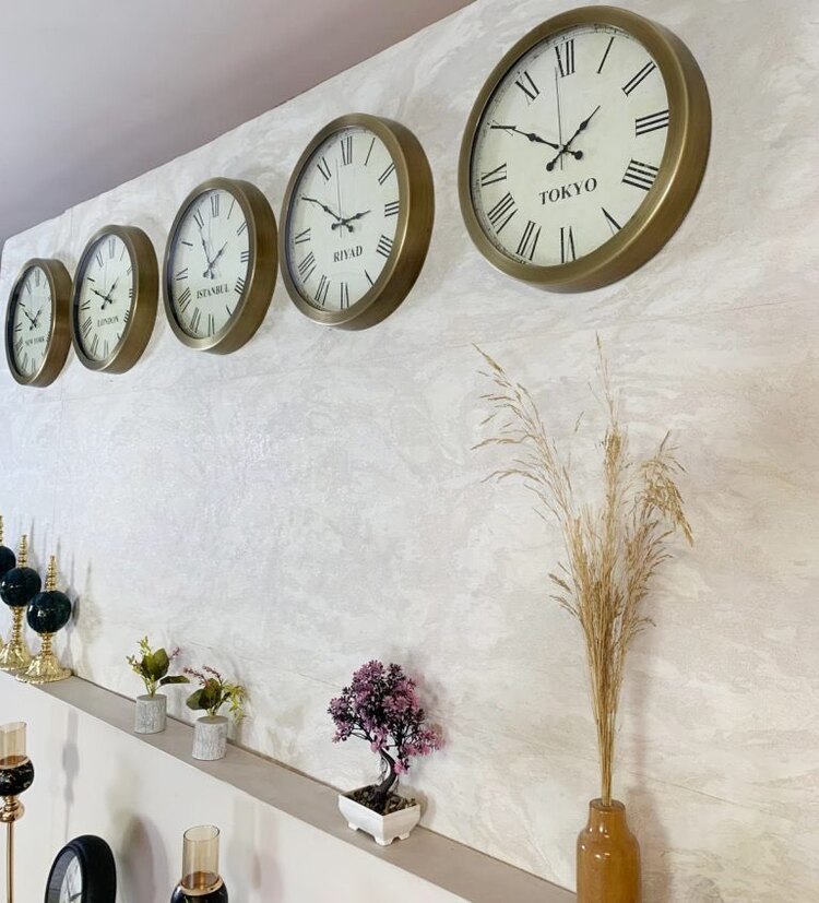 36 cm Eskitme Metal 5 li Dünya Saati Duvar Saati
