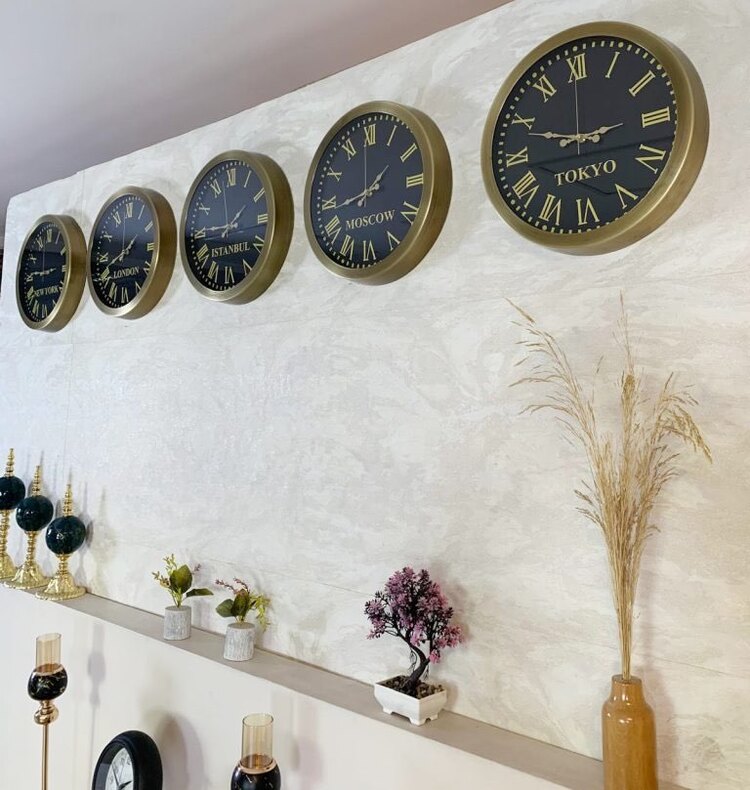 36 cm Eskitme Metal 5 li Dünya Saati Duvar Saati