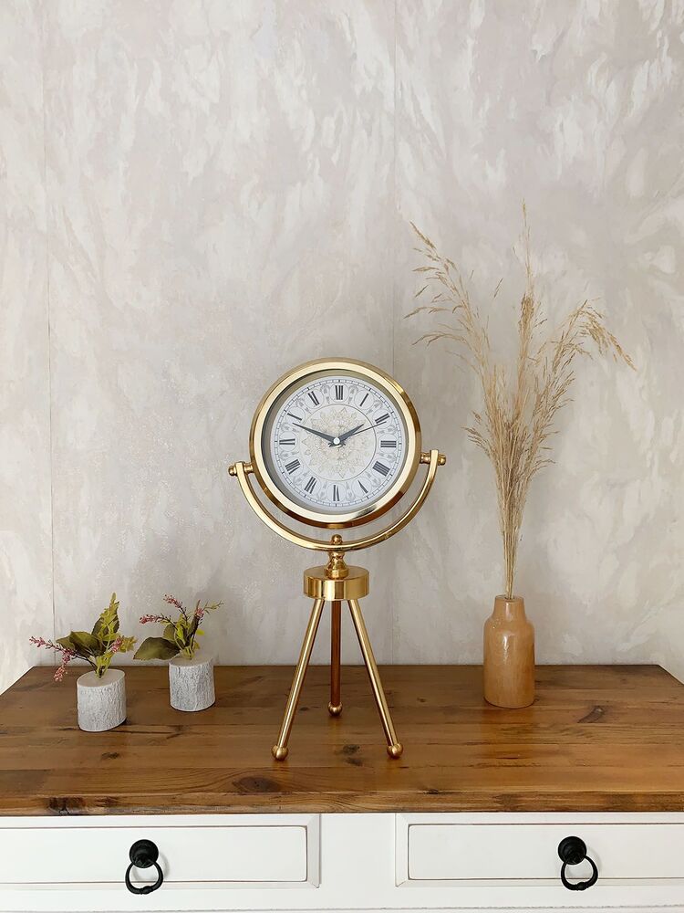 Gold Metal Mini Tripod Çini Desenli Roma Rakamı Masa Saati 45×26 cm