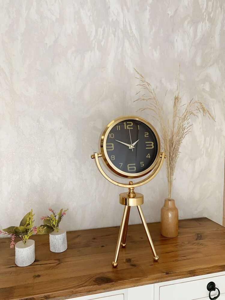 Gold Metal Mini Tripod Siyah İnci Masa Saati 45×26 cm