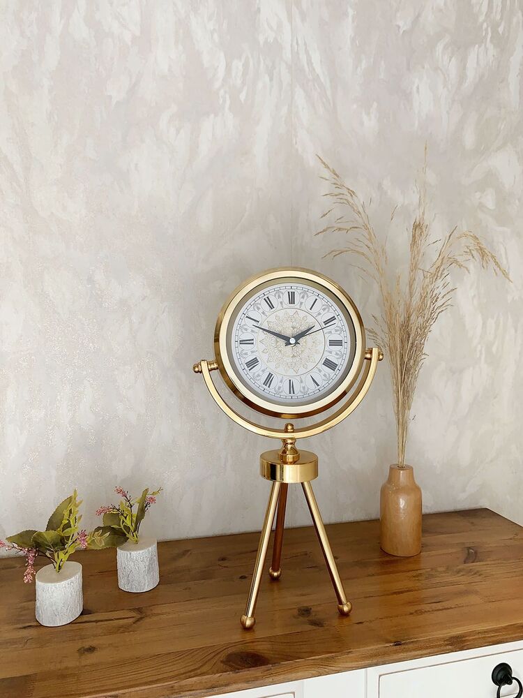 Gold Metal Mini Tripod Çini Desenli Roma Rakamı Masa Saati 45×26 cm