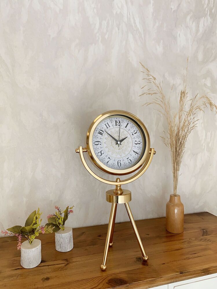 Gold Metal Mini Tripod Çini Desen Masa Saati 45×26 cm