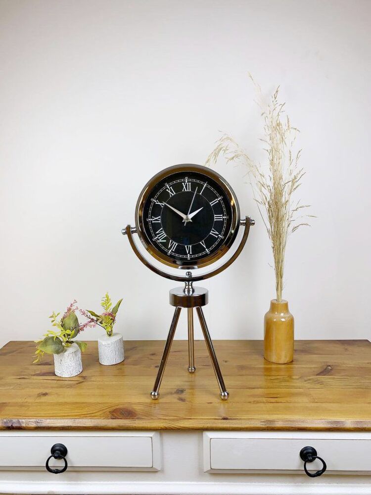 Krom Metal Mini Tripod Siyah Retro Masa Saati 45×26 cm