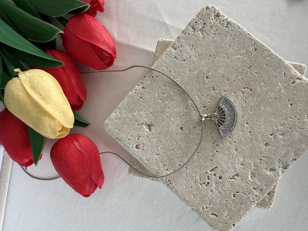 Silver Taşlı Yelpaze Kolye | Çelik