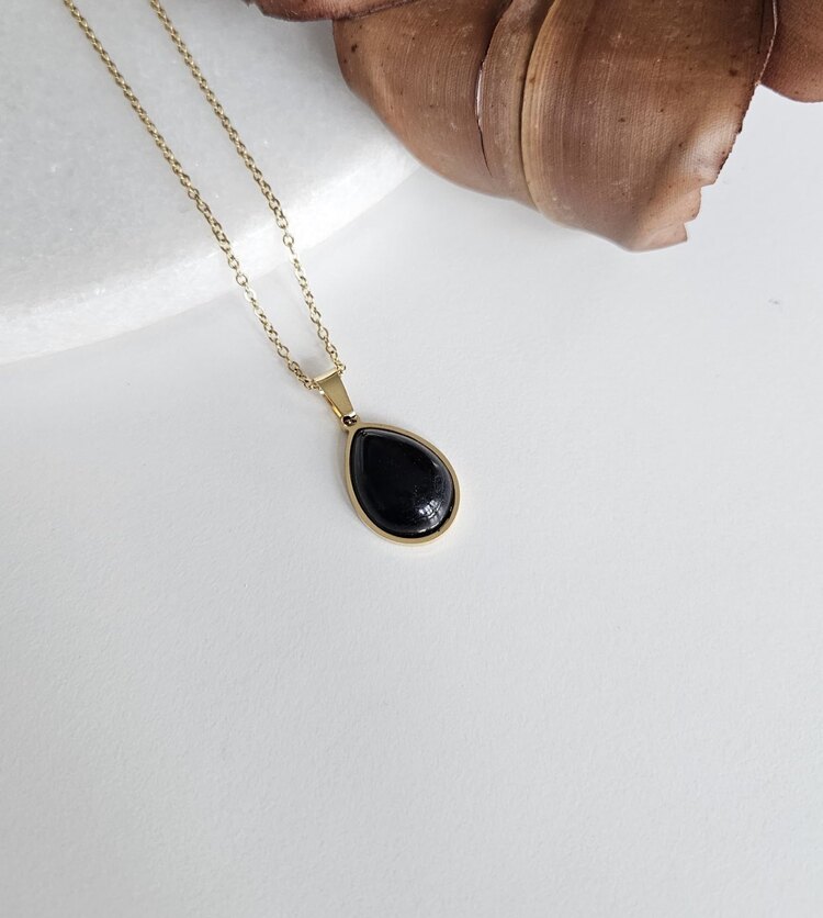 Vintage Black Damla Desen Taş Kolye | Çelik