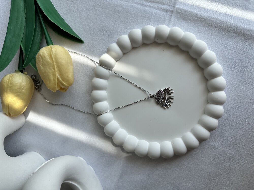 Silver Renkli Taşlı Eye Sun Kolye | Çelik